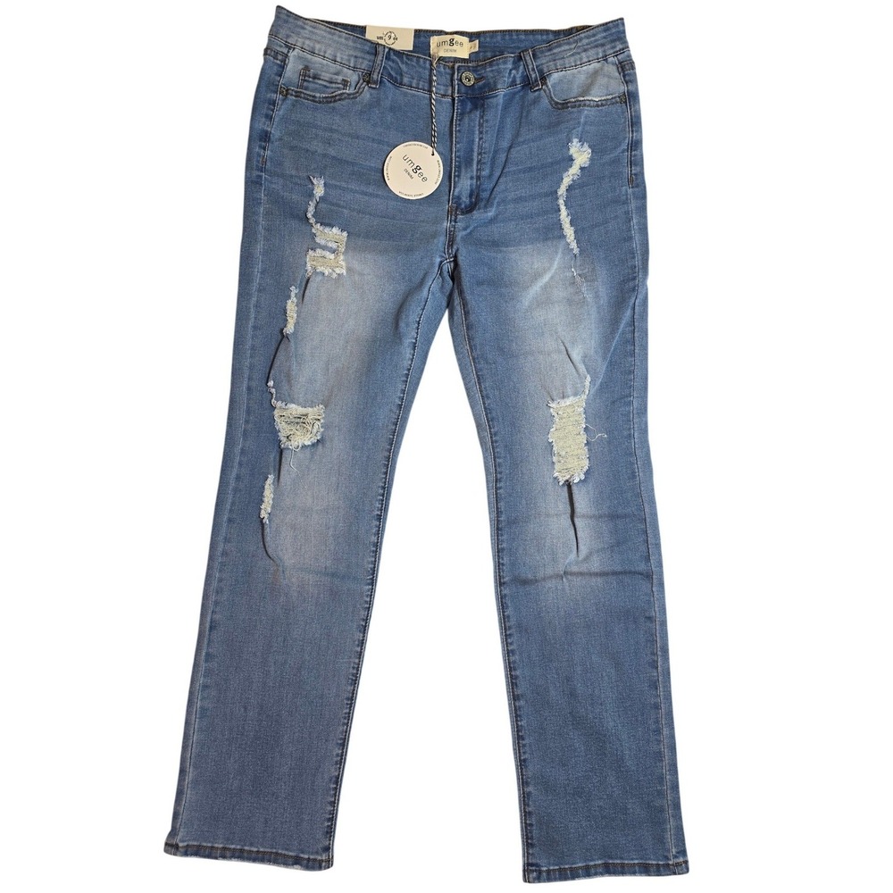 Umgee‎ Denim High Rise Straight Leg Distressed Ripped Jeans Medium Wash Size 7